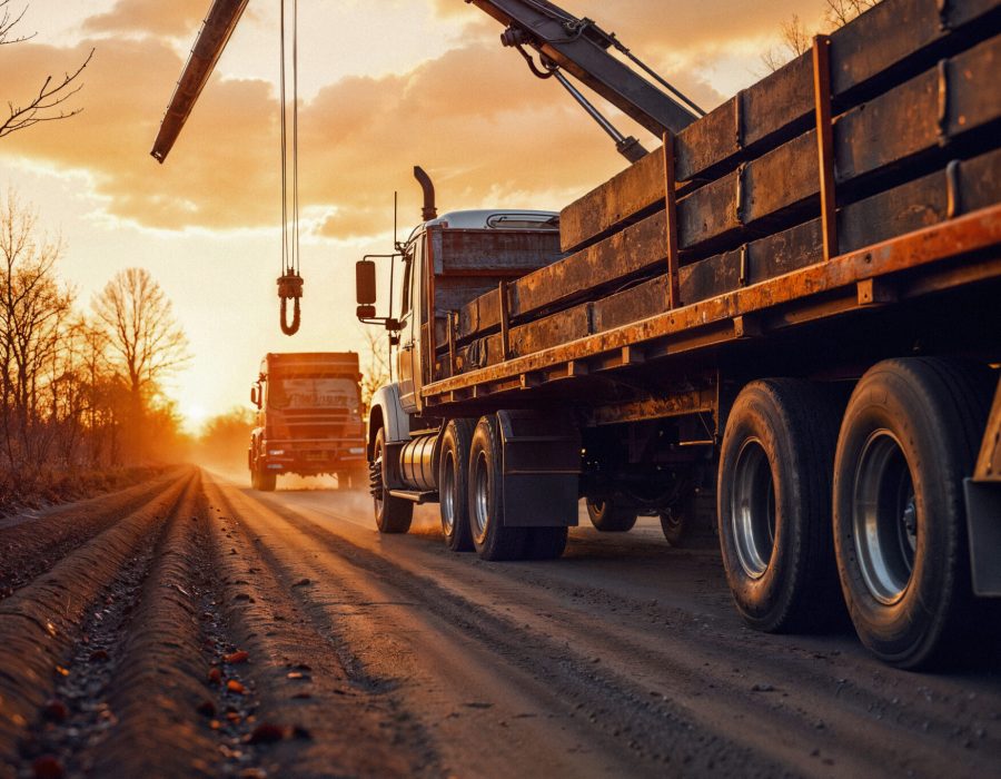 truck-with-crane-road-sunset